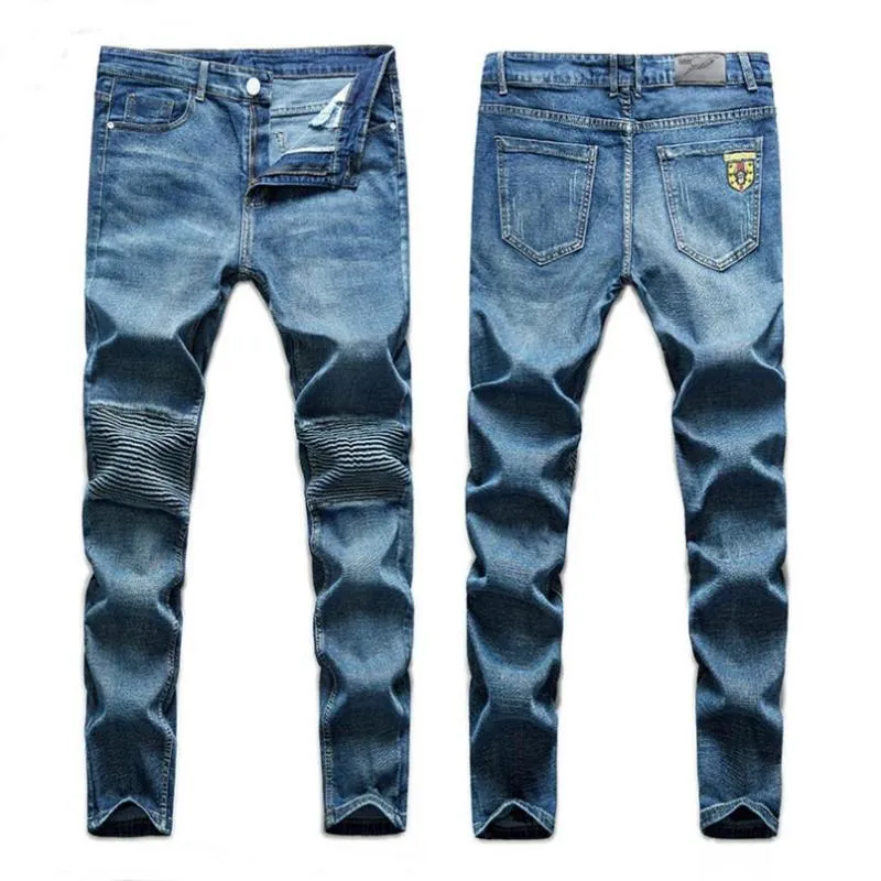 Heren jeans mannen blauwe mannelijke stretch fit denim lange vouwen broek goede kwaliteit rechte slanke broek maat 40