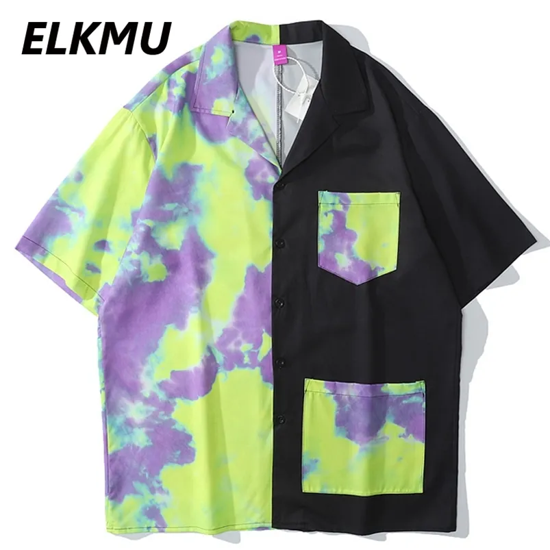 Elkmu Zomer Shirts Tie-Dye Kleur Blok Patchwork Shirt Hip Hop Streetwear Losse Blouse Mannelijk Harajuku Pocket Design HE668 210714