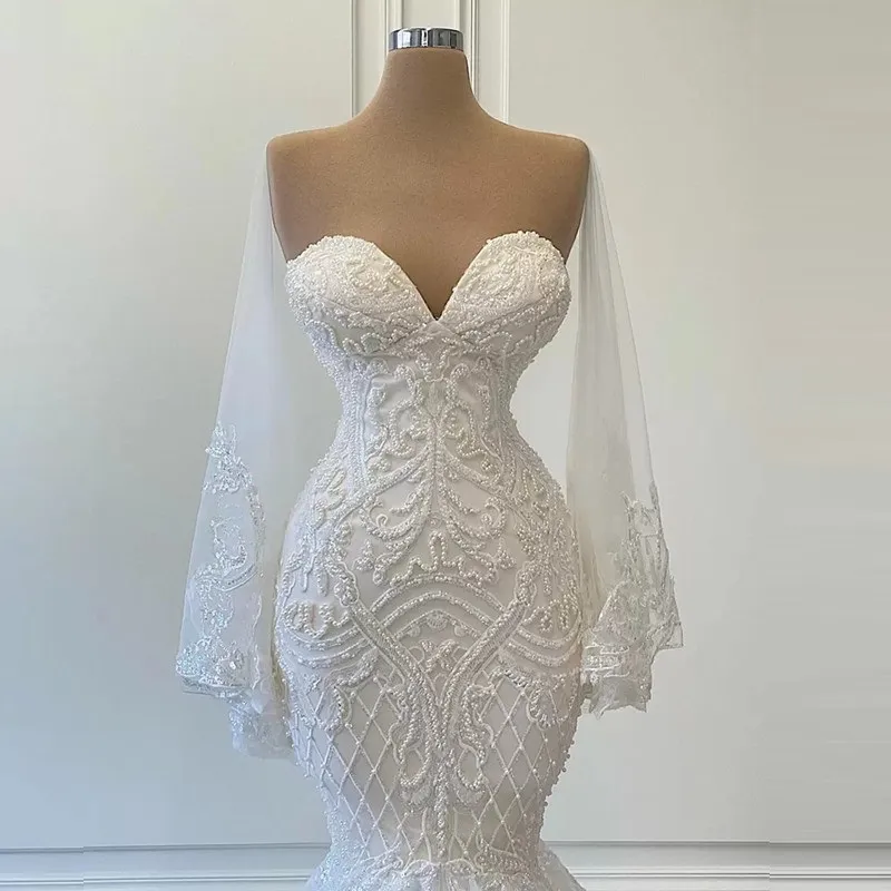 White Mermaid Wedding Dress Sleeves With Beaded Lace Applique