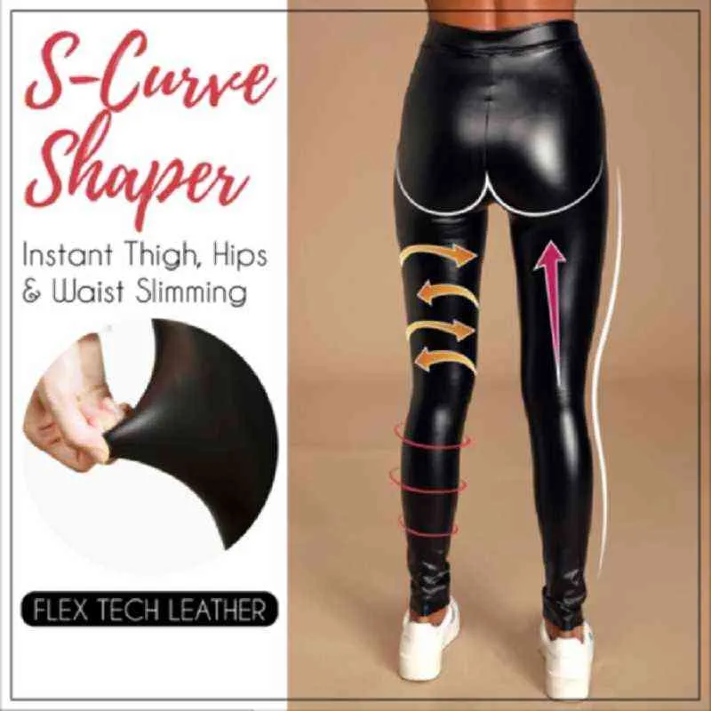 Ladies High Waist Stretch-Fit Faux Läder Shaper Glänsande våt Look Leggings Stretchy Push Up Pencil Pant S-5XL 211124