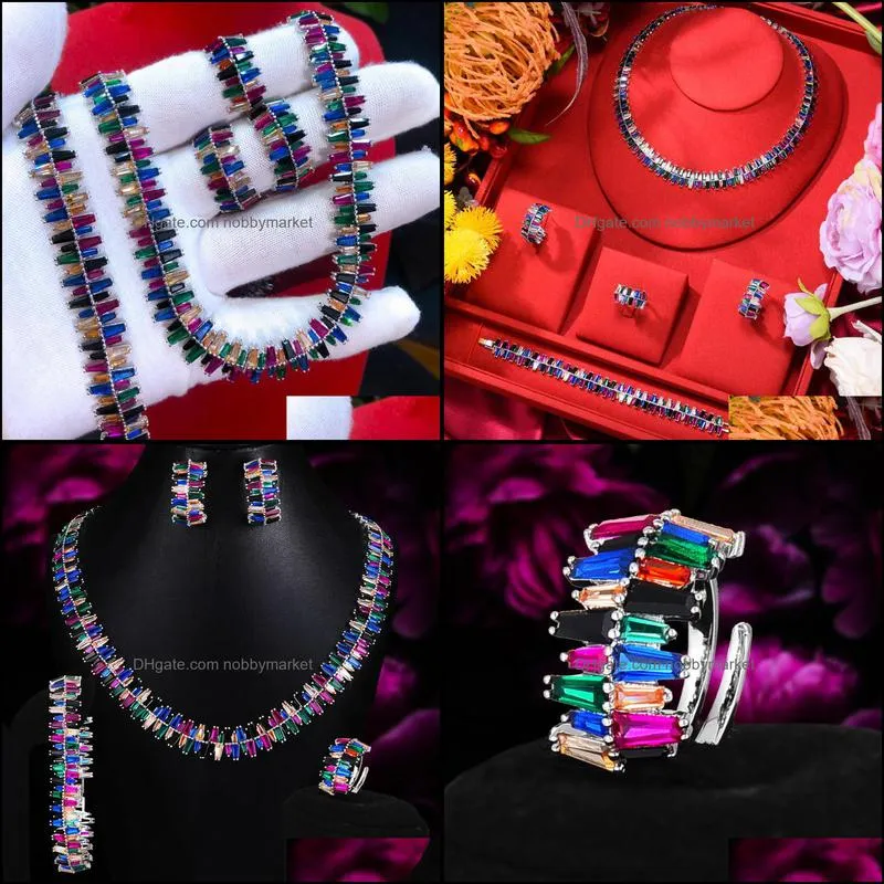 Earrings & Necklace Missvikki Nigerian Wedding African Shiny Multicolor Bangle Ring 4PCS Jewelry Set Woman Bridal Bijoux