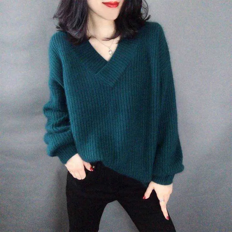 0.5 Oversized Thick Spring Autumn Knitted Women Sweater V-neck Mohair Lantern Sleeve Solid Color Pullovers Plus Size Max Weight X0721