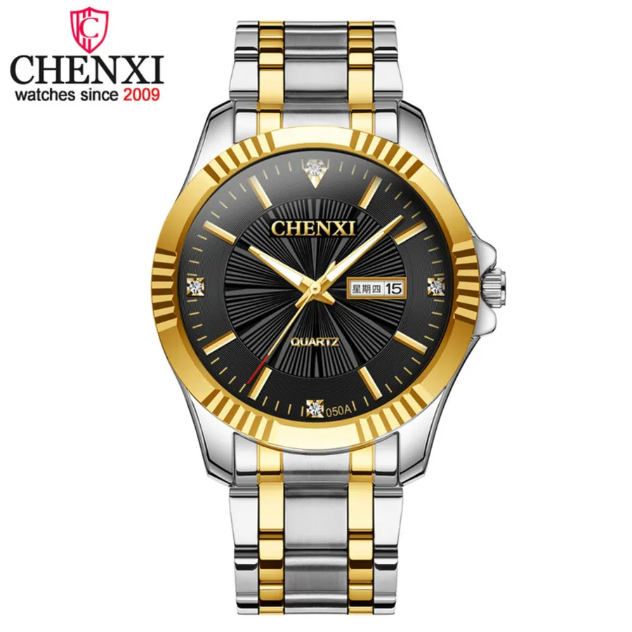 Chenxi Brand Fashion Delikat Datum Dag Display Design Quartz Guld Gentleman Watch Noble Luxury Rhinestone Presentklocka Man Klockor Q0524