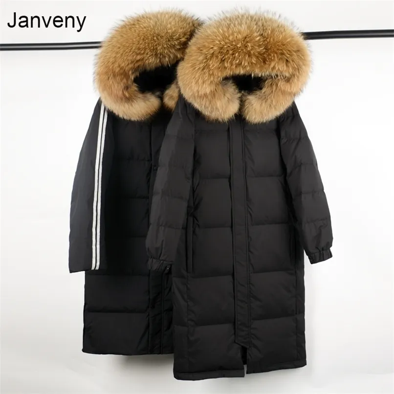 Janveny Large Real Raccoon Fur Collar Women Winter 90% Duck Down Jacket Female Loose Thick Long Feather Coat Plus Size 211007