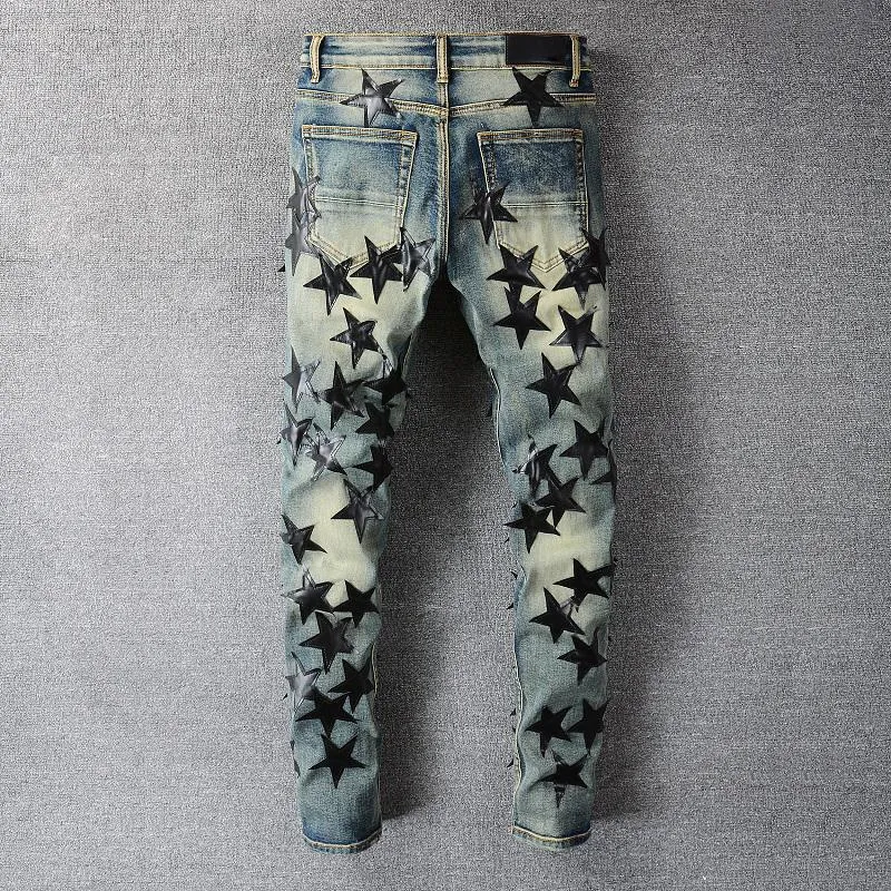 Herr jeans pantalon homme trendiga svarta stjärna mönster patch gata motorcykel byxor punk denim long hip hop men264n