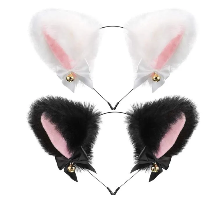 Diadema de orejas de gato peludas de felpa con campanas de cinta Accesorios de disfraces de Halloween Cosplay Anime Lolita Girl Party Hairband Headwear para niños adultos Blanco Negro