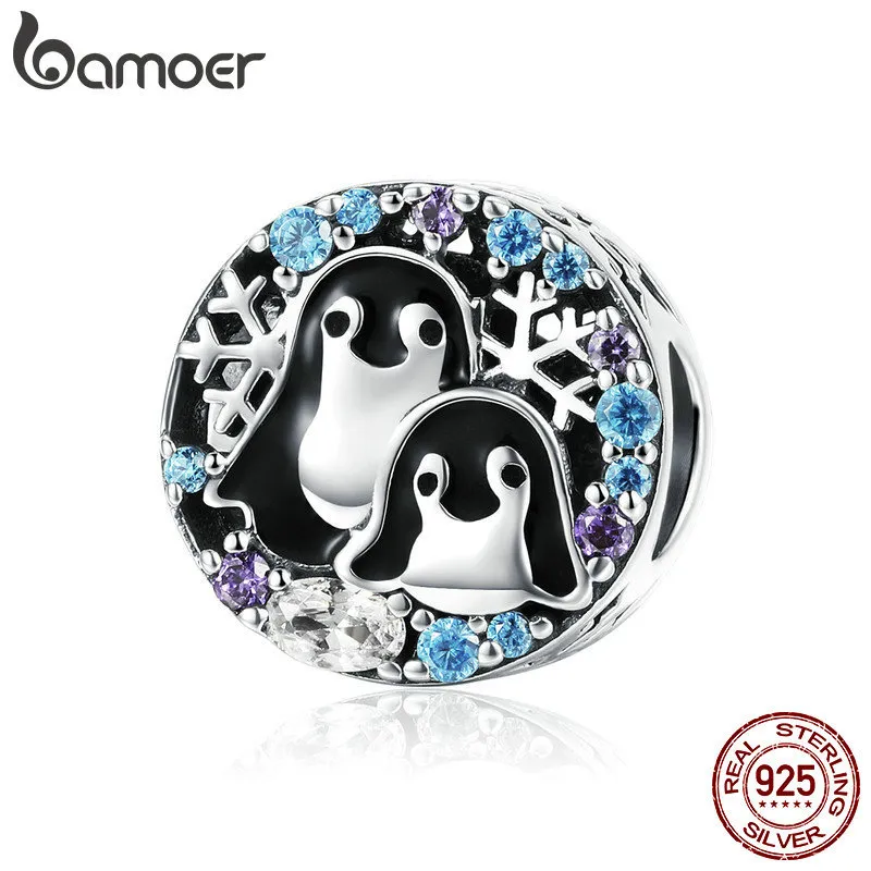 Bamoer Winter Collection 925 Sterling Silver Penguin Familjpärlor Animal Charms Fit Charm Armband Halsband Smycken SCC992 Q0531