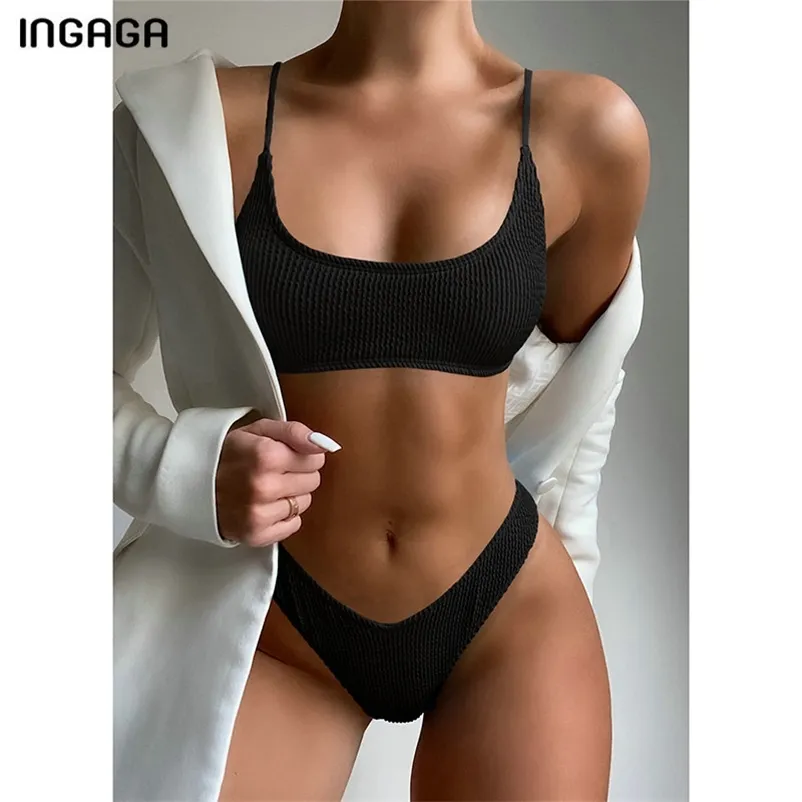 INGAGA Sexy Bikini's maillot de bain Push Up maillots de bain femmes jambe haute Biquini côtelé maillot de bain noir sangle Bikini ensemble 210621