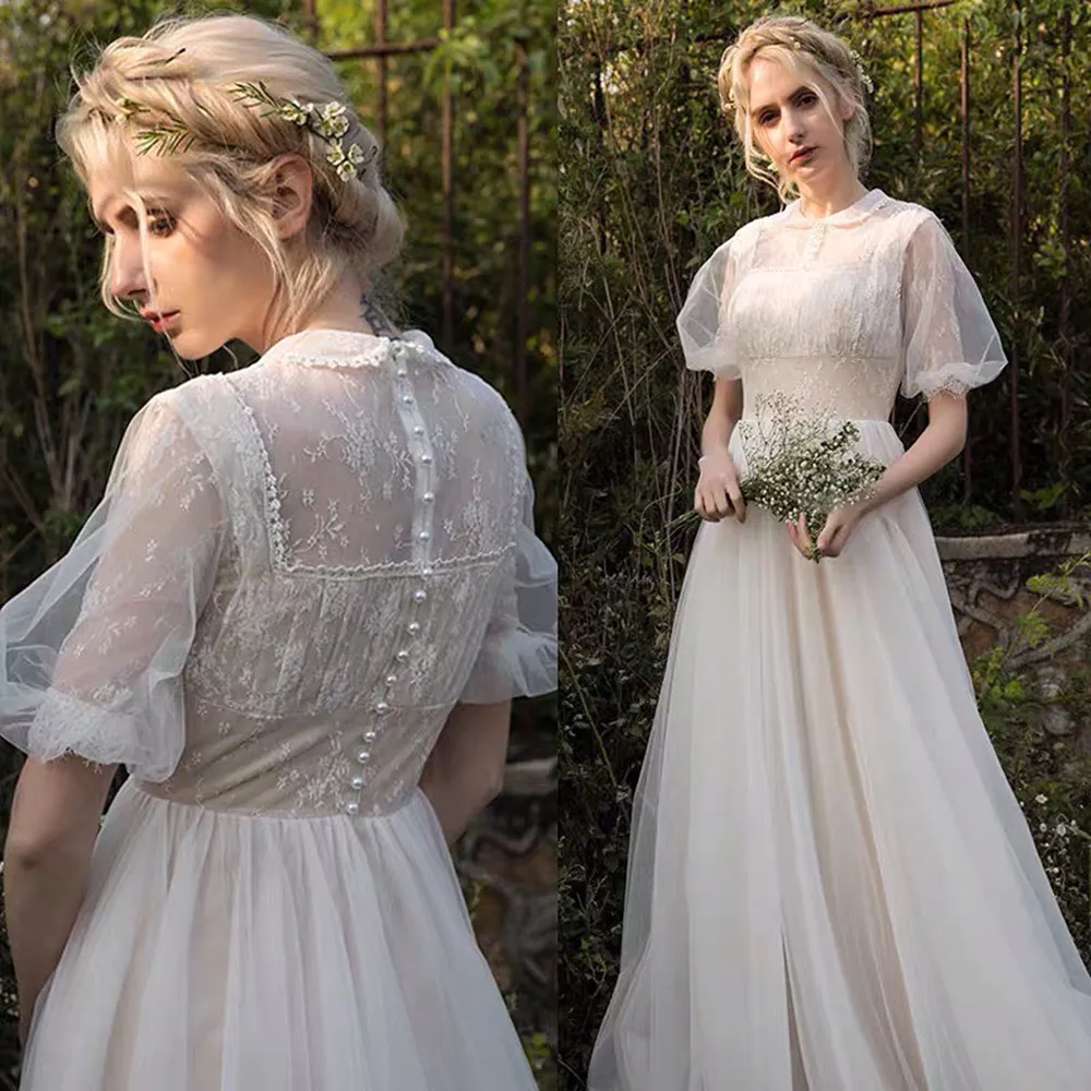 Elegante elfenbeinfarbene A-Linie-Spitze-Landhochzeitskleider, Juwel-Ausschnitt-Brautkleid, kurze Puffärmel, Vintage-Tüll-Brautkleid, schlichtes Vestido de Novia