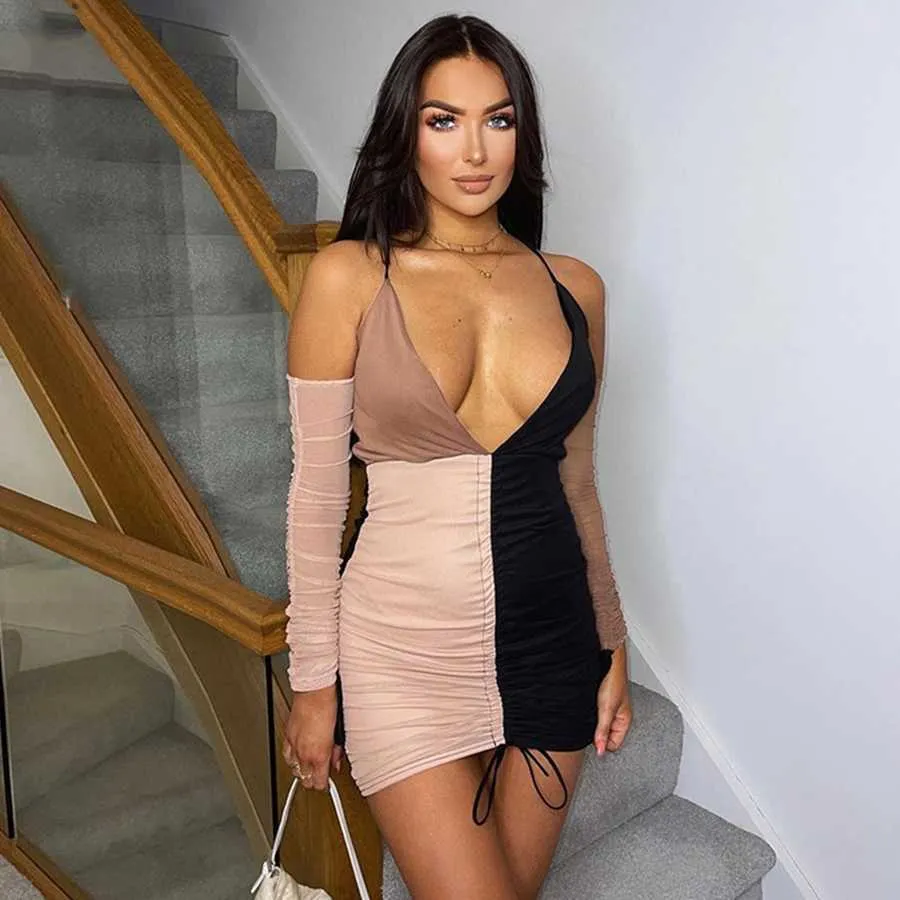 Stylish Sexy Deep V Neck Patchwork Contrast Color Y2K Bodycon Mini Dress For Women With Stacked Sleeve Clothes Female Streetwear Y1006