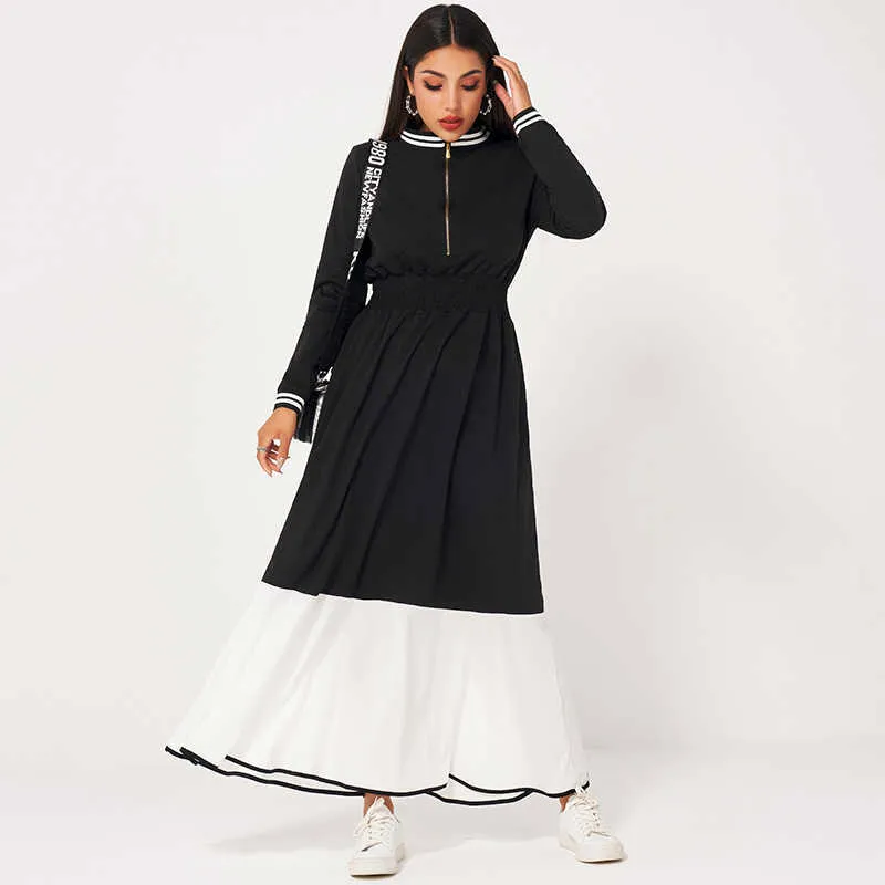 MAIFUN Robe pour femmes Casual Sports Fermeture à glissière en métal SSretch Taille haute Contraste Couleur Couture à manches longues Robe décontractée 210706