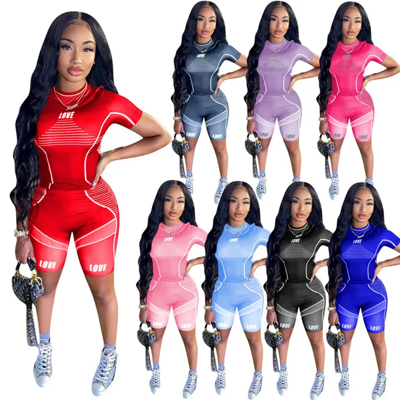 Femmes Survêtement Yoga Été 2 Pièces Ensemble À Manches Courtes T-Shirt + Shorts Lettre Costume De Sport Ras Du Cou Tenues De Mode Jogging Costume 4493