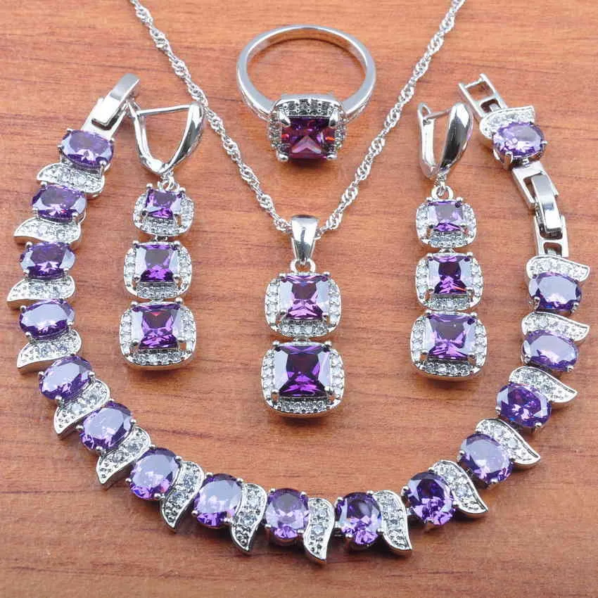 Classico quadrato viola set di gioielli in cristallo austriaco donna 2020 orecchini collana pendente anello bracciali JS0421