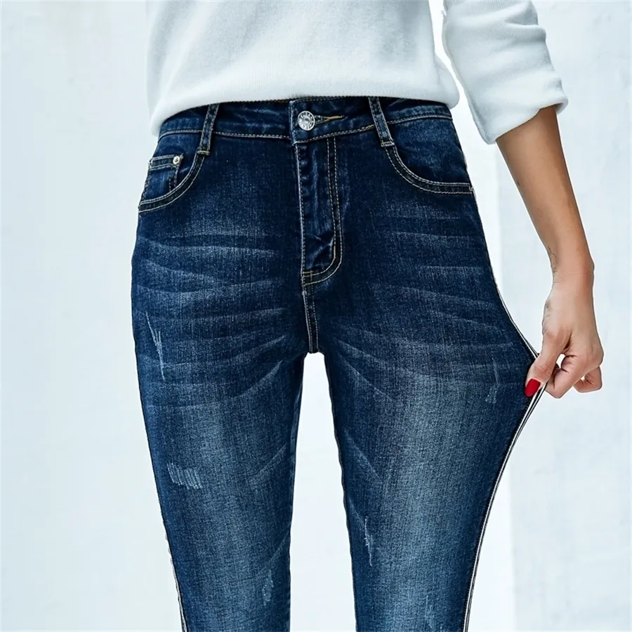 جينز للنساء ارتفاع الخصر زائد الحجم كامل طول المنقي نحيل فام قلم رصاص الدينيم السراويل أمي جينز 201109