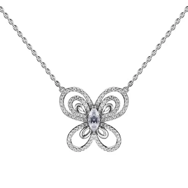 JURE S925 Solid Hollow Sterling Silver Necklace The One Jewelry Zirconia Butterfly Insect Shape 18 inches