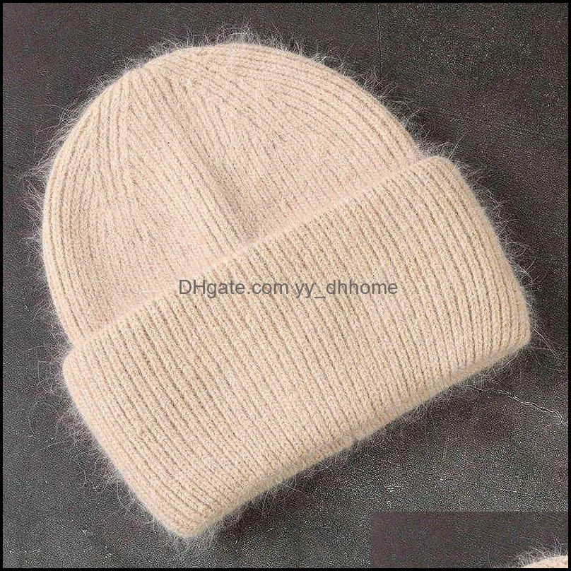 Winter Real Rabbit Fur Knitted Beanies For Women Fashion Solid Warm Cashmere Wool Skullies Beanies Female Three Fold Thick Hats 211228