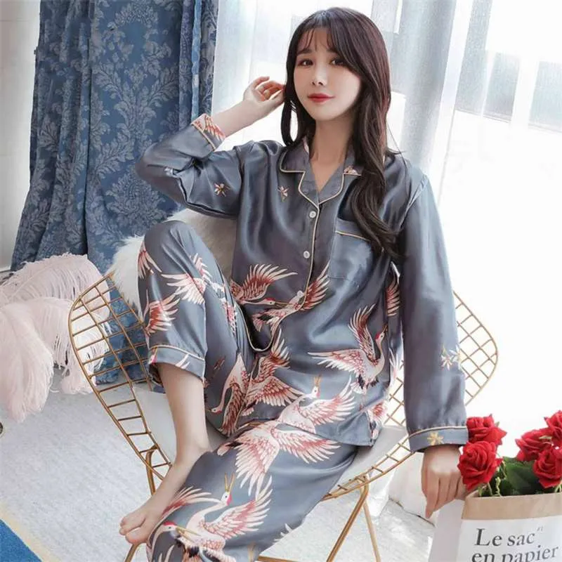 Pijamas seda PJS para mulheres pijama de cetim pijama conjunto de manga comprida casual sleepwear nightwear confortável animal loungewear cetim 210928