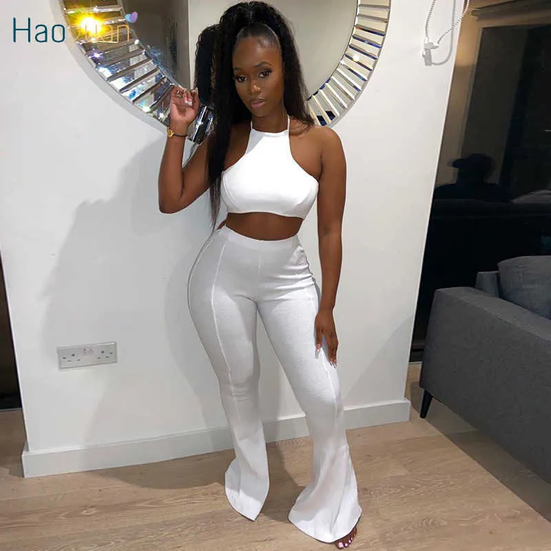 HAOYUAN Sexy Two Piece Set BacklCrop Top Bandage Flare Pants Summer Clothes for Women Clubwear Vacation Outfits Matching Set X0709