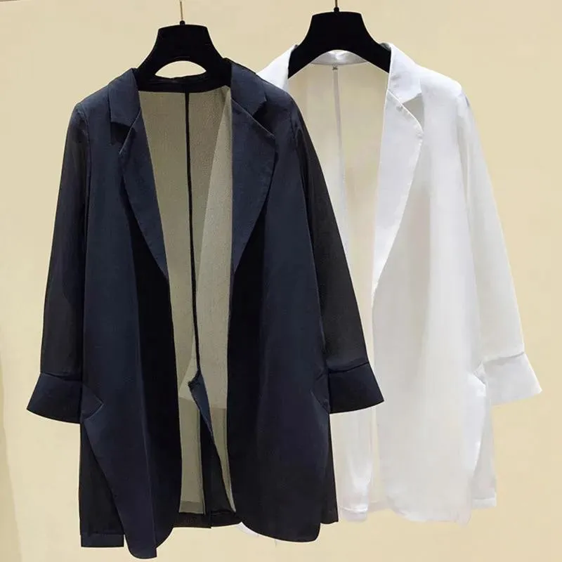 Kvinnors kostymer Blazers 2022 Våren Tre Kvartal Chiffon Blazer Kvinnor Sommar Elegant Tunn Jakcet Coat Kvinnlig kostym i svart vitgrå plus