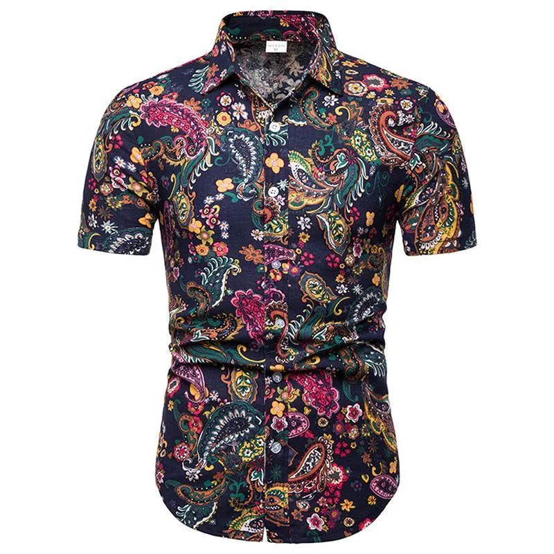 Fritidsskjortor för män 2021 sommarblommaskjorta Mode Slim Fit Kortärmade Toppar Man Hawaii Kläder Trend Man Blommig