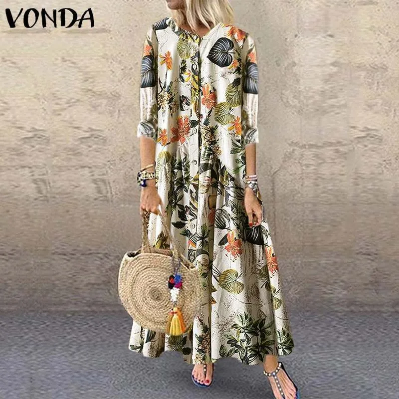 Bohème Floral Imprimé Maxi Robe Femmes Vintage Robe De Soirée VONDA 2021 Printemps Eté Casual Manches Longues Robes Plus Taille Robe X0521