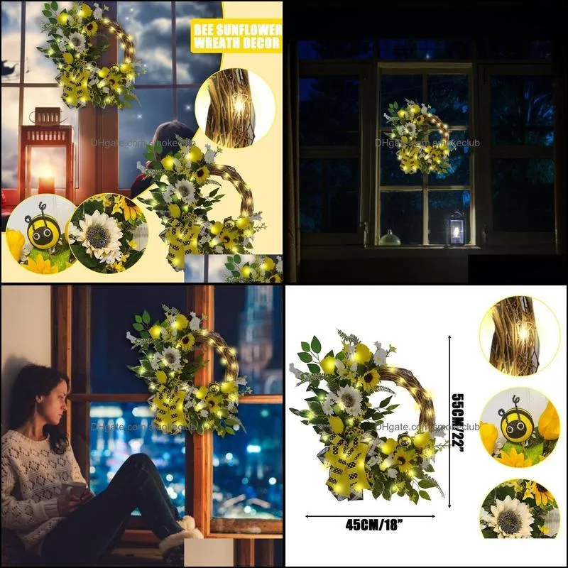 22in Artificial Sunflower Wreath Simulation Leaf Bee Front Door Decoration Hanging Pendants Wedding Flower Garlands Home Decor Decorative