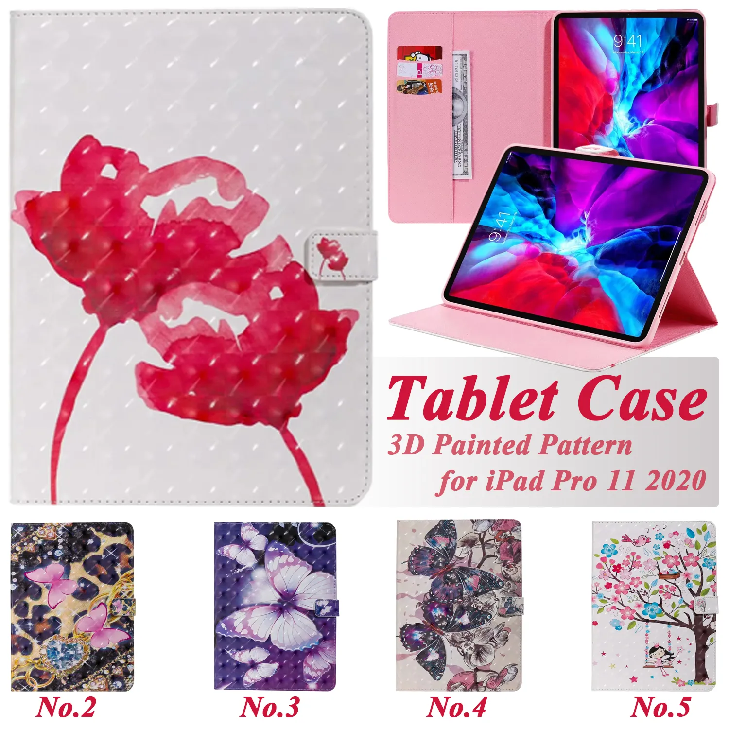 Socktät surfplattfodral för Apple iPad 10.2 mini 6/5/4 AIR 3/2/1 Pro 11/10.5/9,7 tum 3D Butterfly Colorful Målning Flip Kickstand Protective Cover med kortplatser