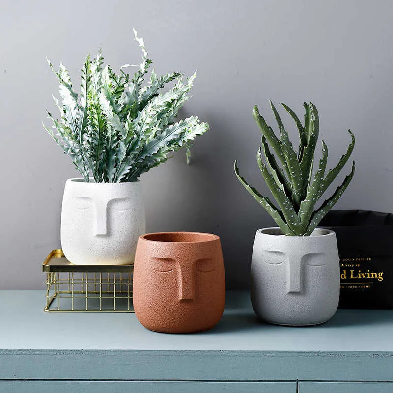 14 CM Style Nordique Ciment Pot De Fleur Art Créatif Portrait Visage Succulent Cactus Planteur Pot Avec Vent Trou Décoration De La Maison 210712