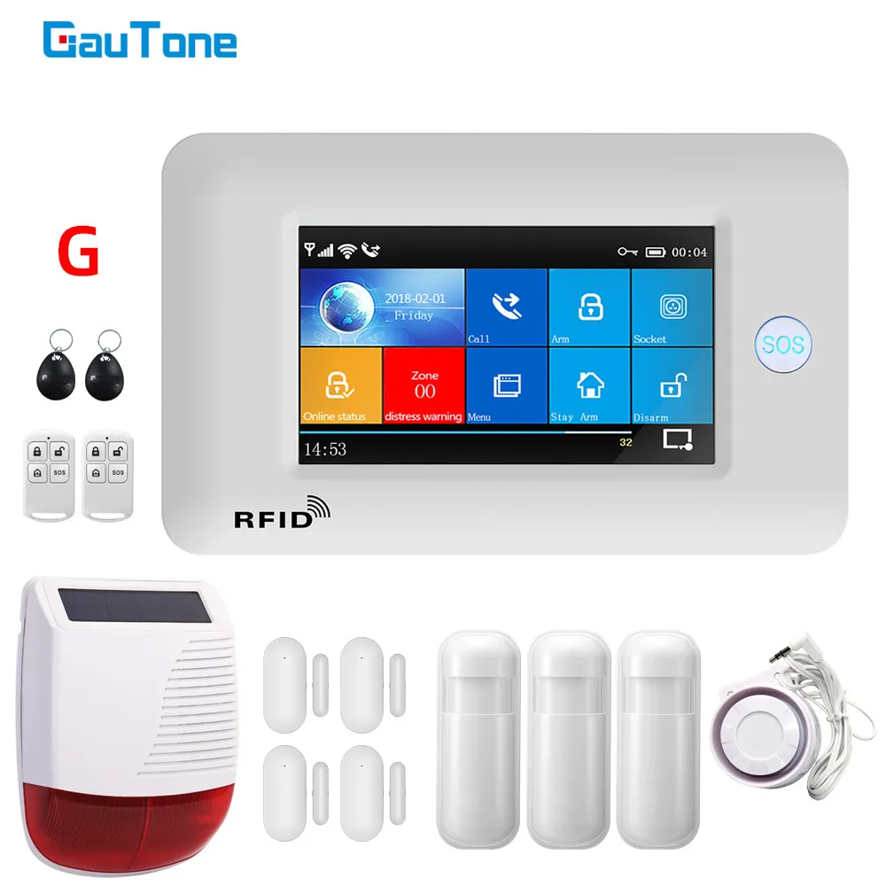 GauTone PG106 Kit de système d'alarme GSM sans fil pour la maison Contrôle APP avec détecteur de fumée Sirène extérieure