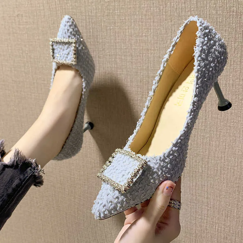 Black Suede Shallow Mouth Single Shoe Fashion Wild Rhinestones Pointed Toe Stiletto Heels Elegant Womens Shoes Party Dress Pumps Y0611