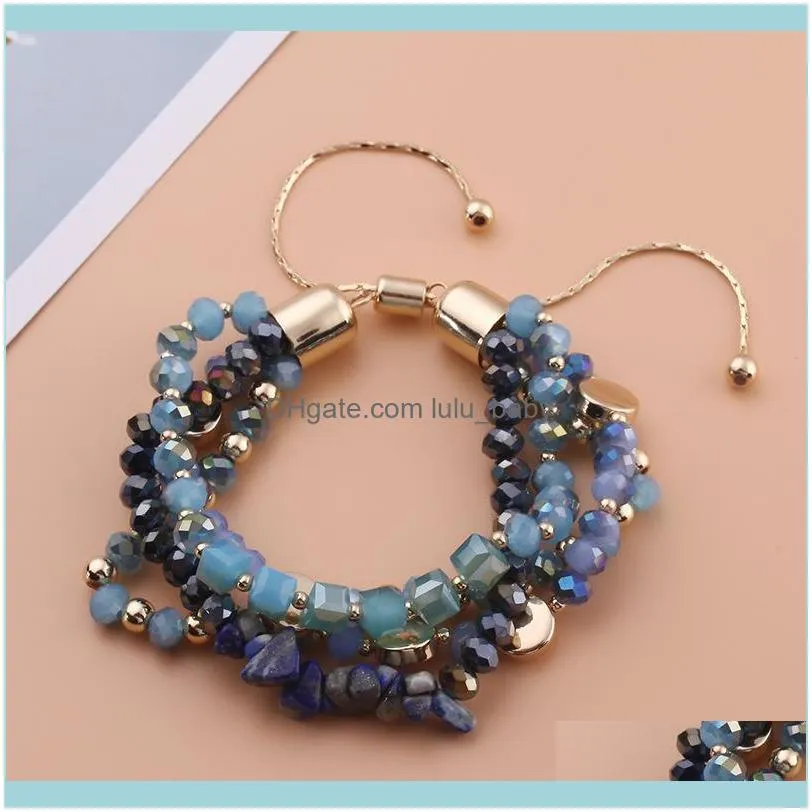 Beaded, Strands Adjustable Women Stone Crystal Bracelet With Blue Glass And Bead Metal Spacer For Lover Friend Gift