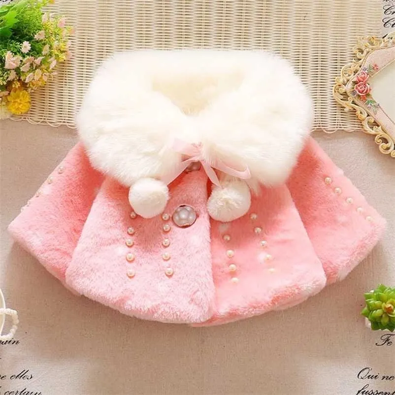 Vinter Baby Faux Fur Collar Warm Cloak Coat Barnkläder Toddler Spädbarn Guls Cute Fleece Ytterkläder Jackor 211204