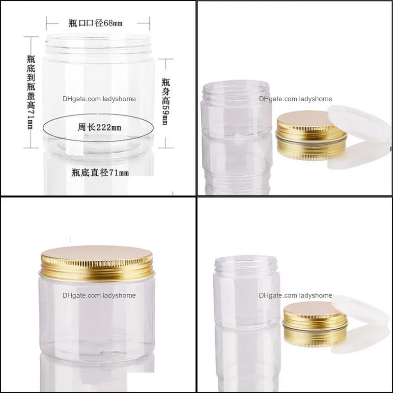 100ml 200ml Jars Transparent PET Plastic Storage Cans Boxes Round Bottle with gold Aluminum Lids HWD7038