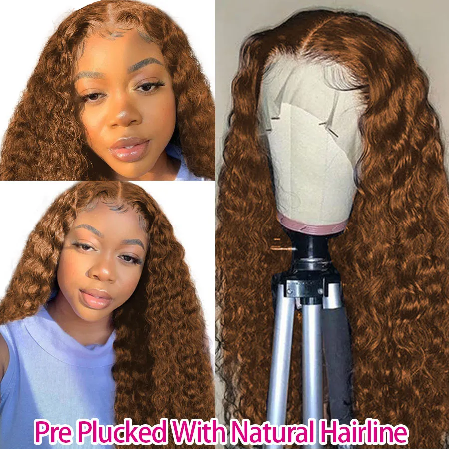 Long Curly Wigs For Black Women Brazilian Human Hair Brown Color Deep Wave Frontal 13x4 Synthetic Lace Front Wig