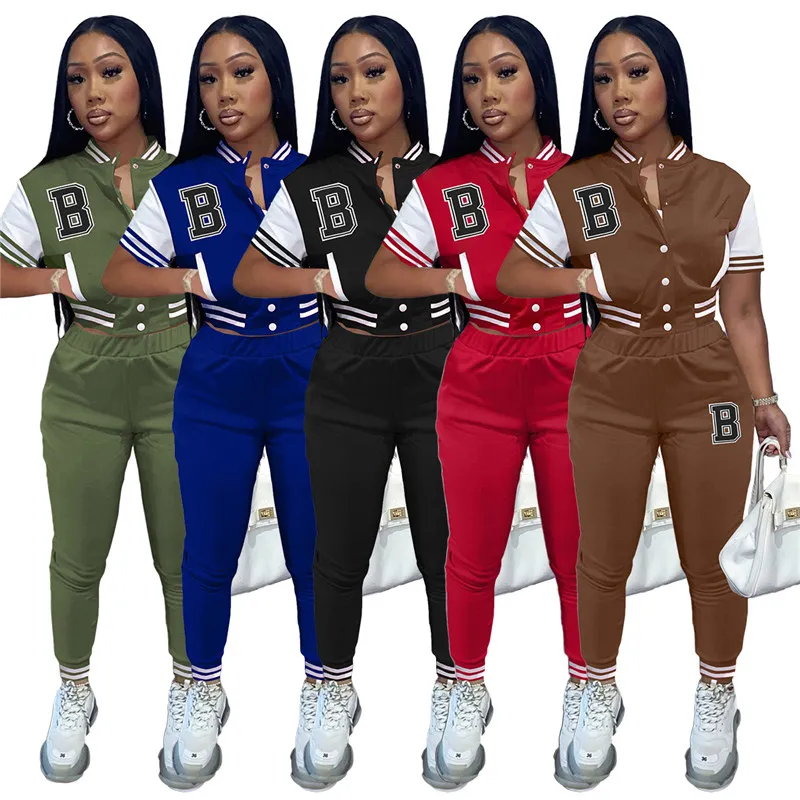 Wholesale Summer Women Outfits Short Sleeve Tracksuits Jacket Sweatpants Two Piece Set Panelled Tracksuits Baseball Casual Sports Suits Bulk 7070