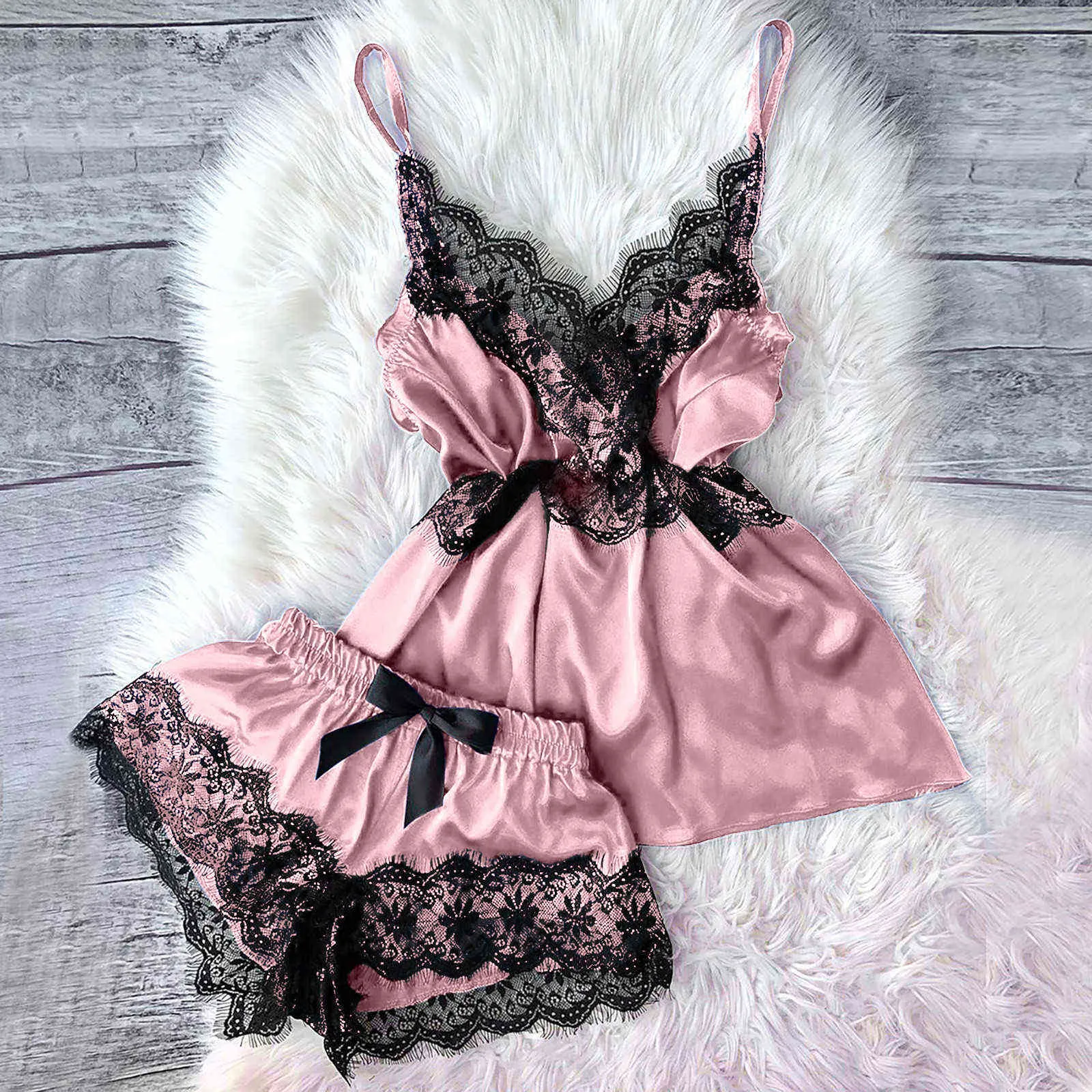 Donne Bow Sleepwear senza maniche Strap Nightwear Lace Trim Satin Cami Top Pigiama Set Femme Sexy Lingerie Pigiama Donna # YJ Q0706