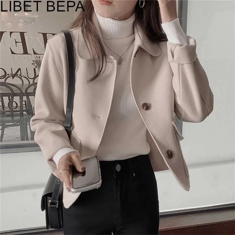 Autumn Winter Women Jacket Pockets Turn-Down Collar Oversized Wild Outerwear Woolen Vintage Buttons Short Tops JK2210 210930