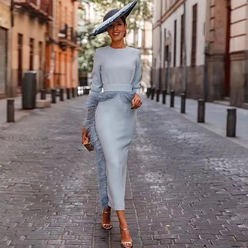 dusty blue tea-length mother of the bride dresses 2022 long sleeve luxury feather jewel neck mother formal wedding guest dress