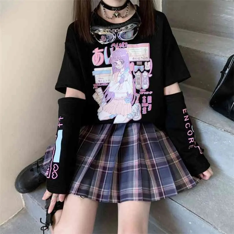 Japansk anime T-shirt Långärmad Top Zipper Removal Tee JK Tjej Söt Kläder Bomull Tshirt Kvinnor Harajuku Cartoon Printed Tops 210720