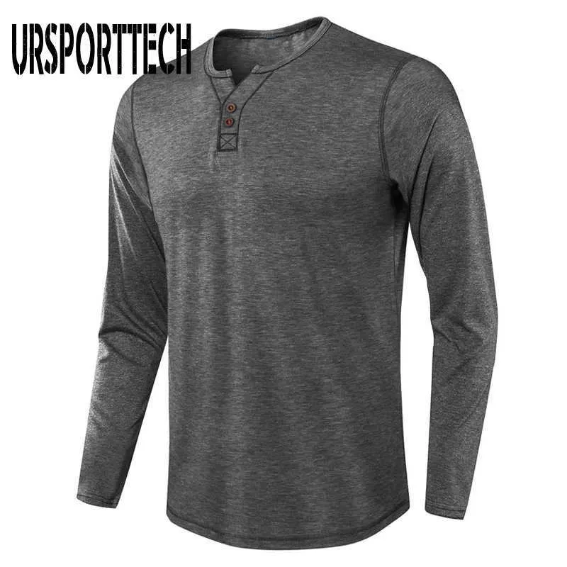 URSPORTTECH Solid Color T Shirt Men Long Sleeve Casual Patchwork T-Shirts Mens Clothing Spring Autumn Casual Slim Tops 210528