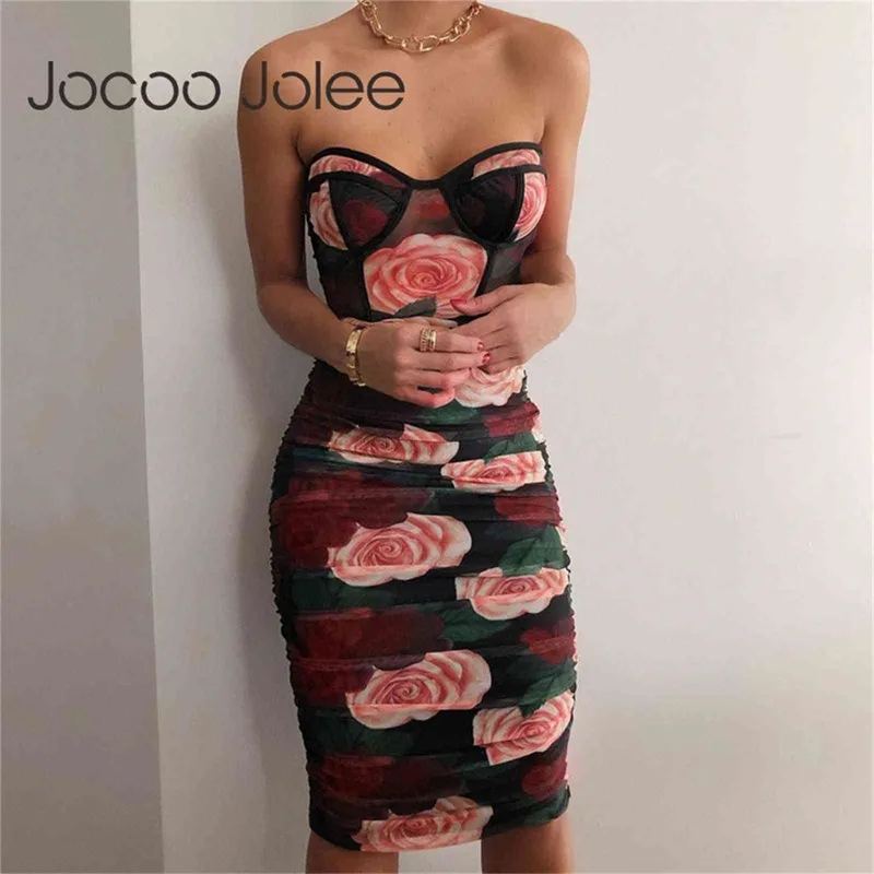 JOCOO Jolee Kadınlar Avrupa ve Amerikan Seksi Gül Çiçek Uzun Kollu Mizaç Sıkı Pastoral Elbise 210619