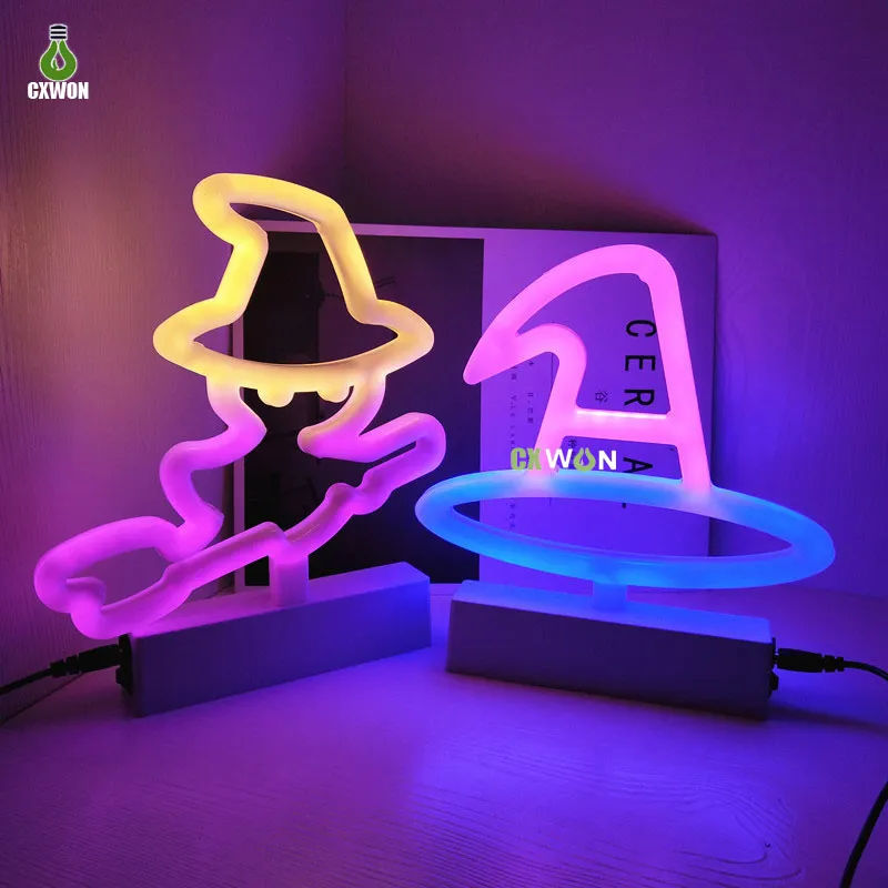 Multi Styles LED Neon Sign Heks Hoed Gevormde Indoor Night Tafellamp Halloween Decoratie Lichten met batterij of USB Powered