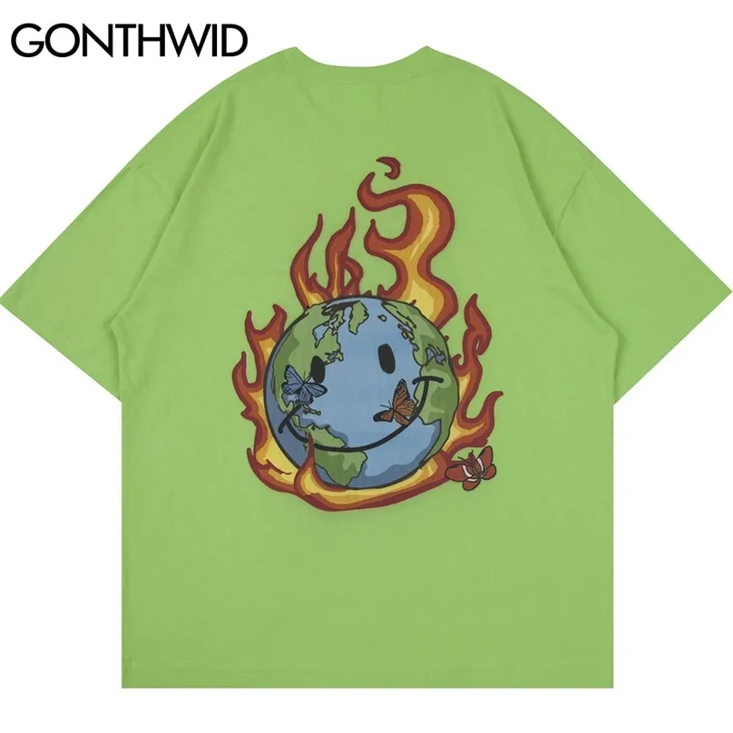T-shirts Streetwear Fire Flame Earth T-shirts Harajuku Mens Hip Hop Casual Coton Tops à manches courtes T-shirts 210602