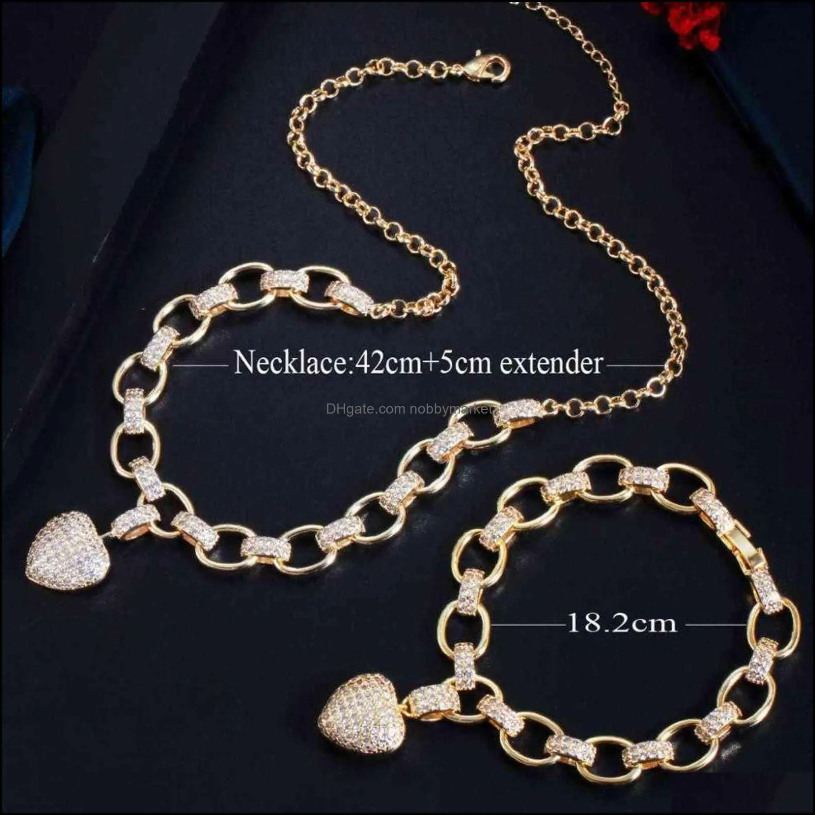 Cwwzircons Gold Color Cubic Zirconia Dangle Love Heart Shape Charm Bracelet Pendant Necklace Women Costume Jewelry Set T