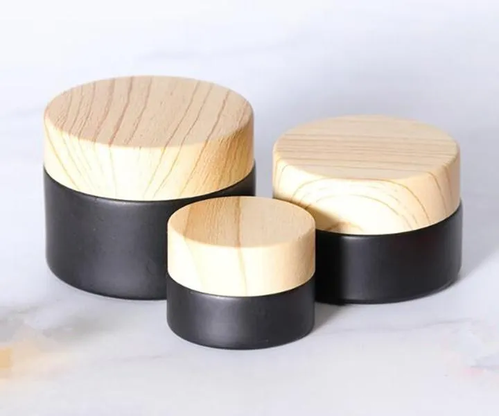 5g small black glass jar Bottles matte with plastic lid cap bamboo wood strain round wax cream cosmetic container 5ml custom