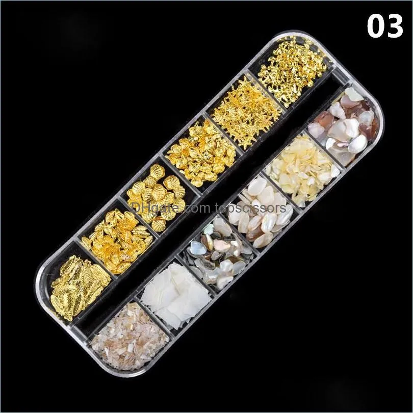 12Gird/Set Natural Sea Shell Nail Glitter Powder Tips Mix Metal Rivets Pearl Beads Studs Charms AB Rhinestone Decoration1