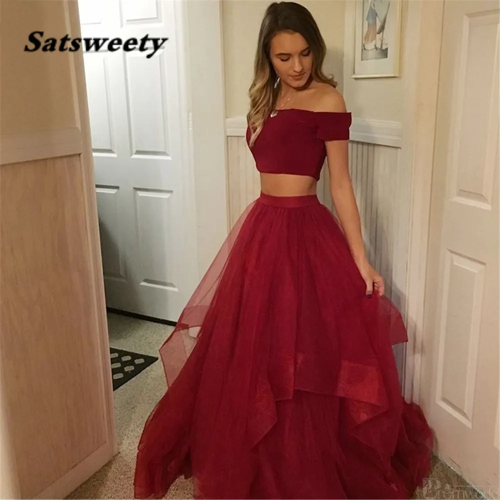 Röda två stycken Sexy V Neck Prom Klänningar 2022 Elegant Burgundy Off The Shoulder Long Formal Party Evening Dress Vestido de Gala