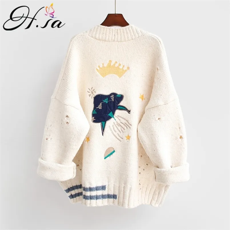 HSA Outono Inverno Mulheres Camisola Cardigans Cartoon Bordado Poncho Single Breasted Knit Harajuku Out Top 210914