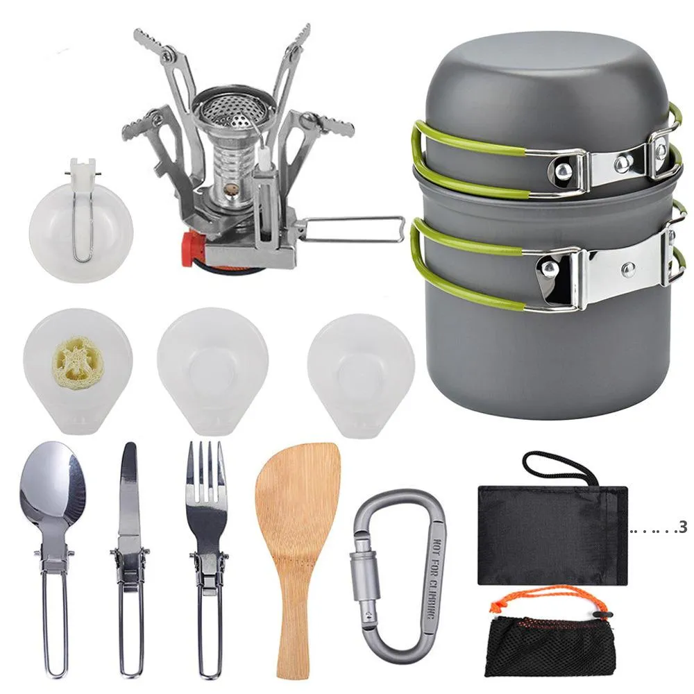 Acampamento ao ar livre Conjunto de panelas portáteis portáteis Caminhadas Piquenique Backpacking Camping Talheres Panela Pan Cooking Ferramenta Set 12persons