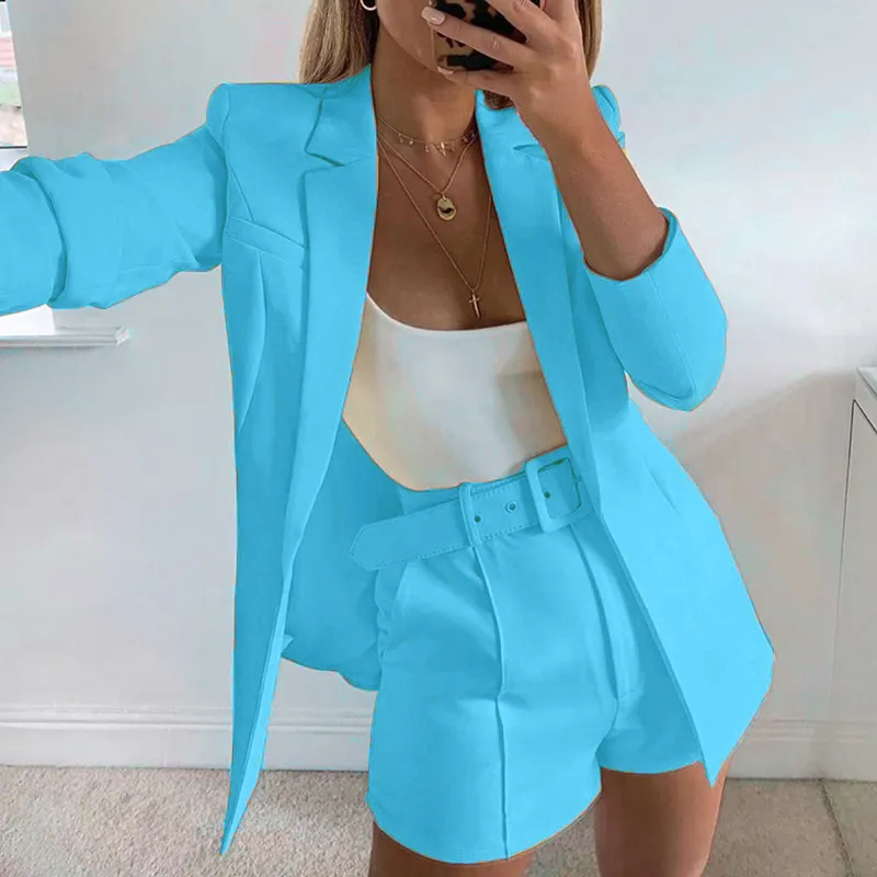 Two Piece Blazer Suit Women Office Sets Autumn Long Sleeve Cardigan Blazer Shorts Solid 2 Piece Set Lady Casual Blazers Set